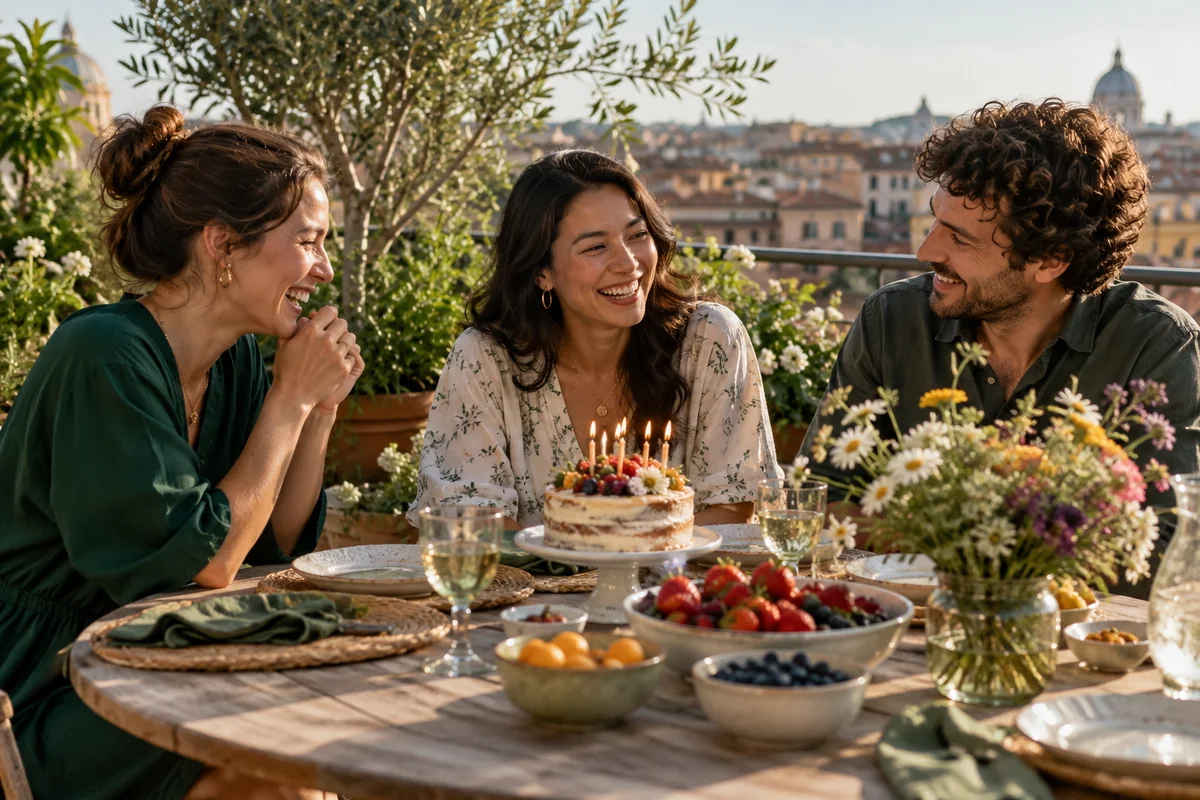 Friends celebrating a birthday on a sunny rooftop terrace.