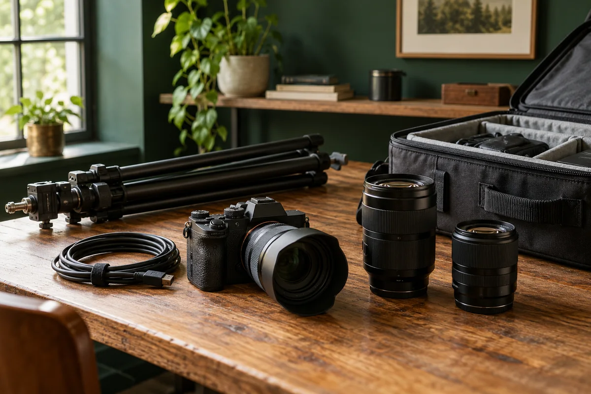 Camera equipment arranged beside a padded rental case in a studio.