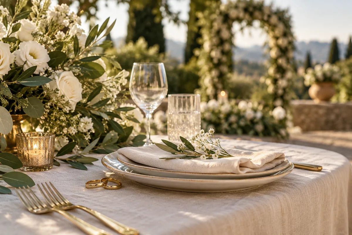 Gold wedding bands beside flowers and an ivory wedding table setting.